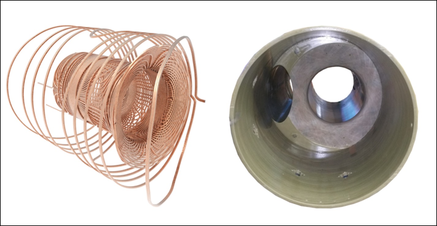 Les bobines qui génèrent le champ magnétique (à gauche) et une visualisation de l'ensemble du scanner (à droite).