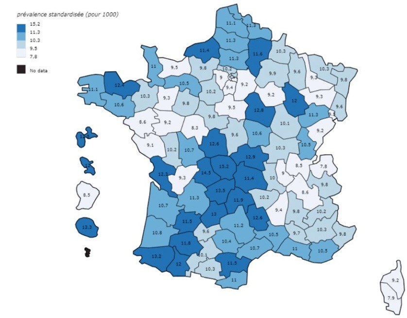 Standardized prevalence (per 1,000 inhabitants) of epilepsy by department in France as of January 1, 2020