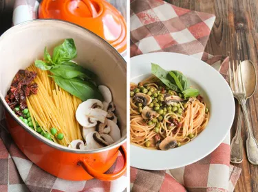 One pot pasta champignons et petits pois