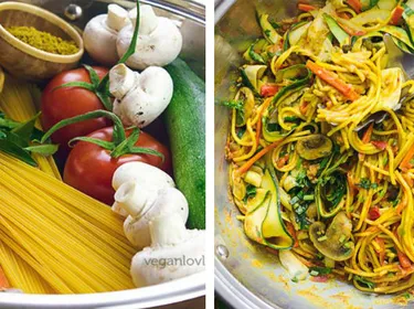 One pot pasta curry de legumes, tomates fraîches et courgettes 