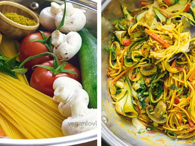 One pot pasta curry de legumes, tomates fraîches et courgettes 