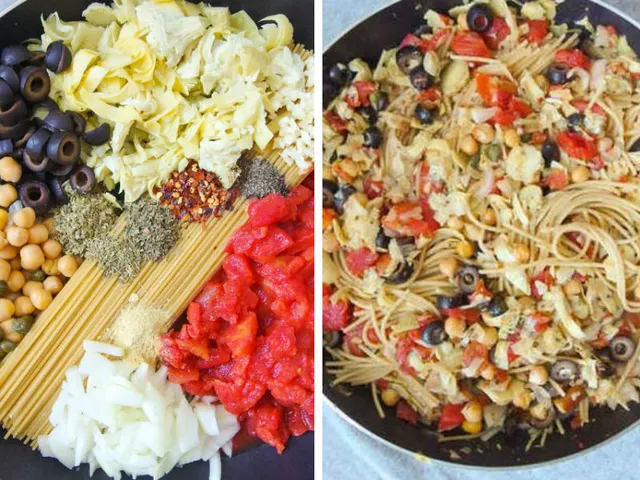 One pot pasta artichaut, pois chiches, olives et tomates