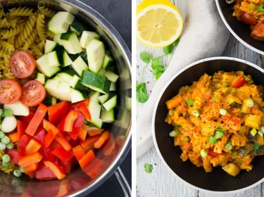 One pot pasta asiatique, courgette, petits pois, poivrons, ail et curry lait de coco