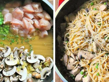 One pot pasta poulet, champignons et petits pois 