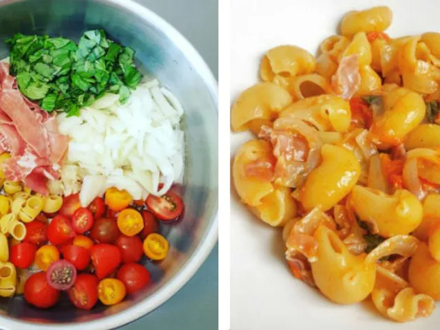One pot pasta tomates cerise, jambon cru, oignon et basilic 